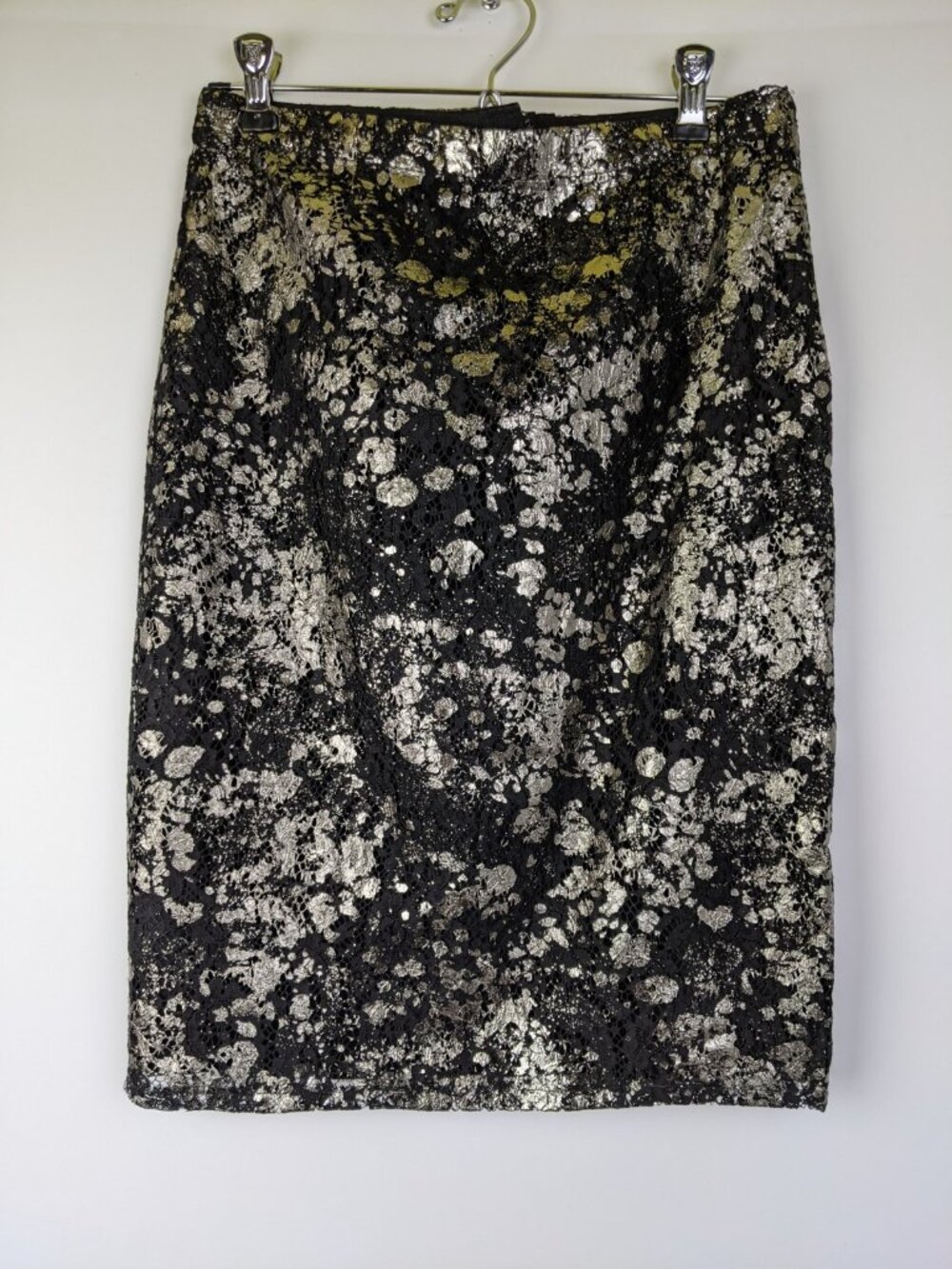 Lela Rose Metallic Silver Black Knee Length Pencil Skirt Womens Size Small